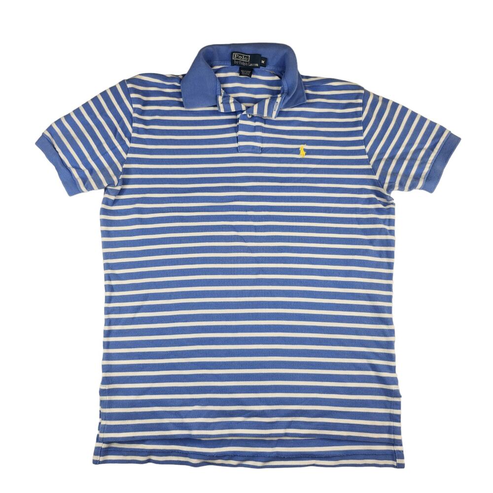 Polo Ralph Lauren Shirt Mens Medium Blue White Horizontal Striped Yellow Pony